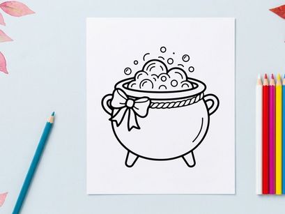 Cute cartoon cauldron with bubbling potion and magical smoke. Whimsical witchcraft cooking illustration for fantasy or Halloween themes.