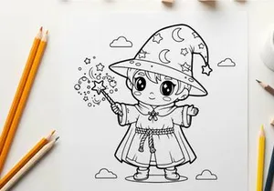 Cute girl wizard casting magic stars vector illustration