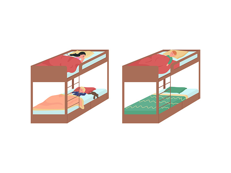Children sleeping on bunk beds flat color vector faceless character set