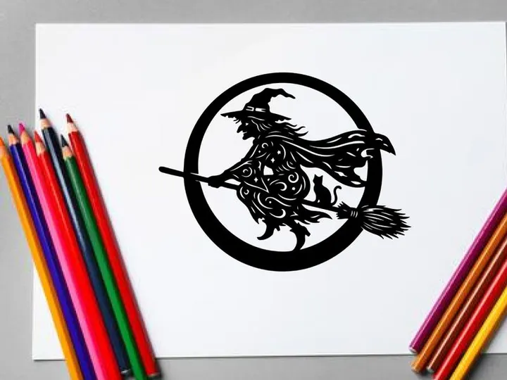 Stylized witch flying on broomstick with moon and stars