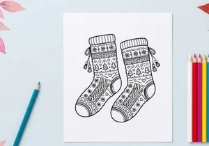 Pair of festive Christmas knit socks with snowflake and reindeer patterns hanging on ribbon
