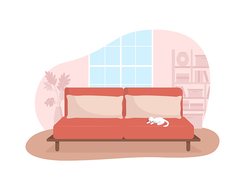 Living room with red couch 2D vector isolated illustration