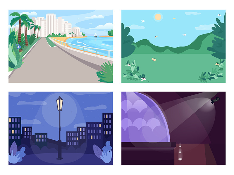 Vacation place flat color vector illustration set