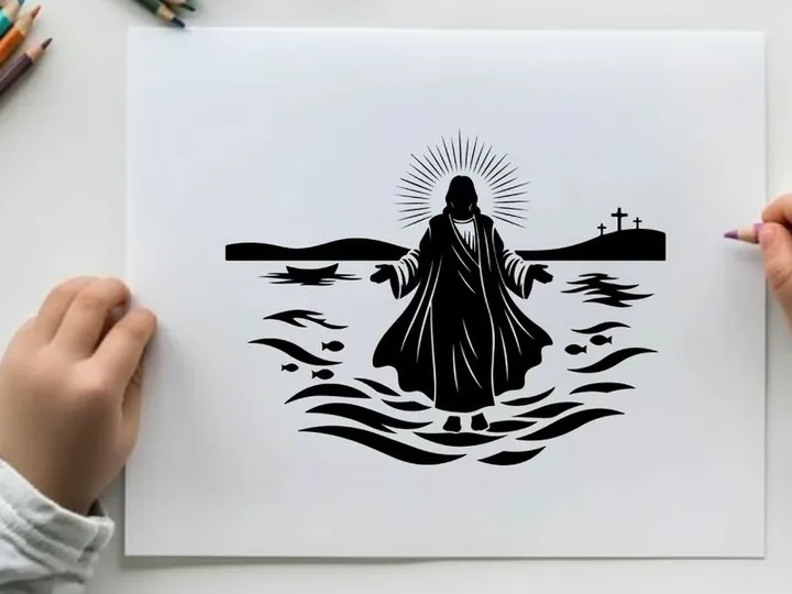 Jesus christ silhouette walking on water with radiant halo