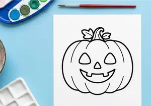 Hand-drawn Halloween pumpkin jack-o-lantern smiling face illustration. Cute black and white cartoon squash with heart eyes for festive decor.
