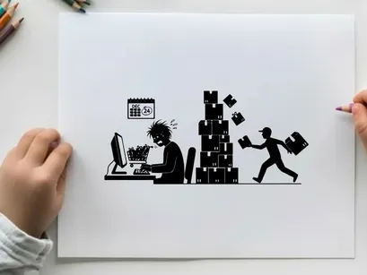 Frustrated office worker beside a silhouette of a man running with papers