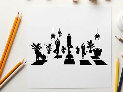 Yoga silhouettes on colorful mats with plants silhouette