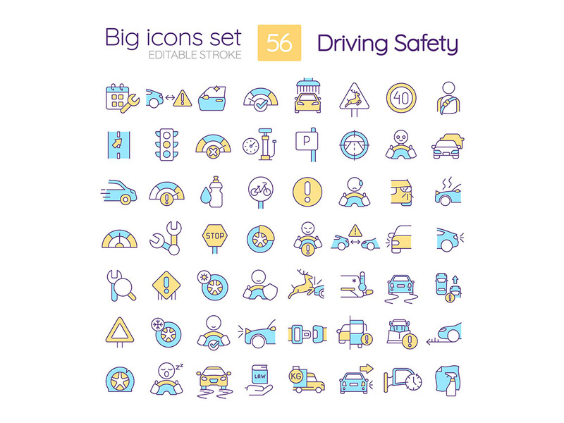 Driving safety RGB color icons set