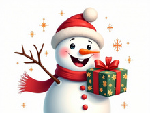A cheerful snowman wearing a Santa hat and scarf.