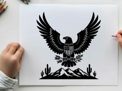American eagle silhouette with shield and desert landscape