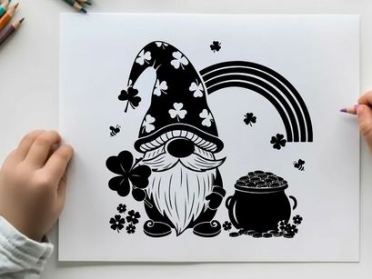 St patrick's day gnome silhouette with rainbow and clover