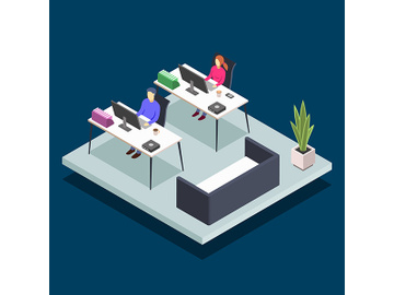 Modern book library room isometric color vector illustration preview picture