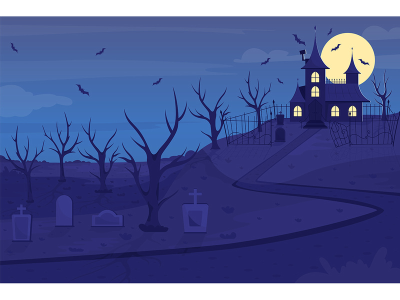 Haunted mansion on hill flat color vector illustration