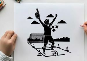 Silhouette of a triumphant soccer player celebrating a goal