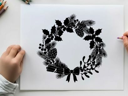 Christmas wreath silhouette with pinecones and ribbons