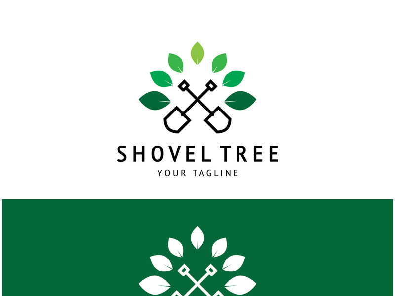 Shovel logo for agriculture, excavation,building, mining foundation. gardening vector set design with leaves