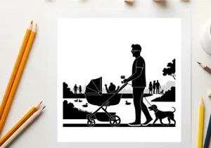 Silhouette of a man walking dog and pushing baby stroller in park
