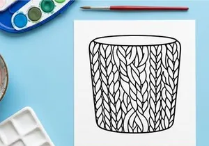 Knitted texture mug sleeve illustration, cozy winter coffee cup cozy line art drawing
