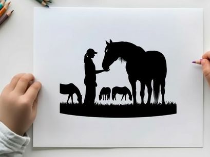 Silhouette of a woman feeding a horse in a field
