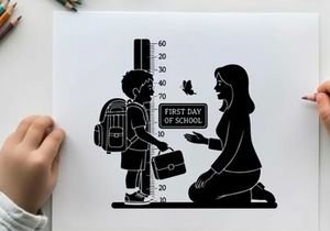 Silhouette of mother and child on first day of school with height measurement