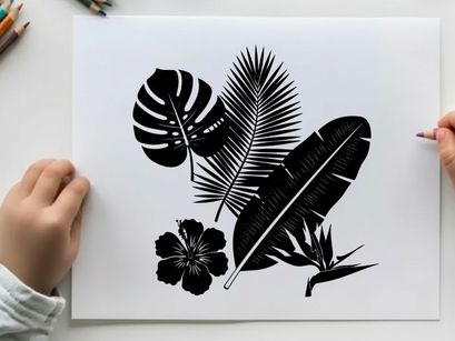 Tropical silhouette of leaves and a flower arrangement
