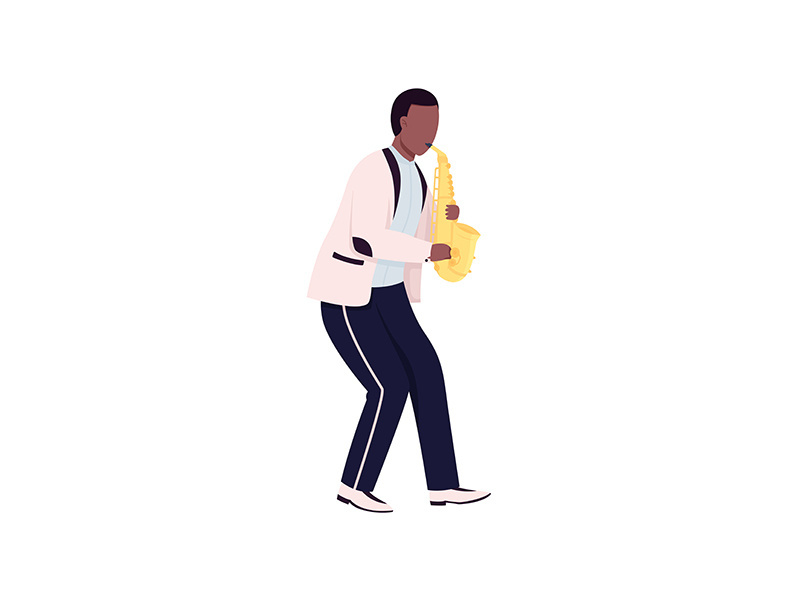 African saxophonist flat color vector faceless character