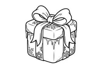 Christmas gift box with bow and snowflakes line art illustration for coloring page