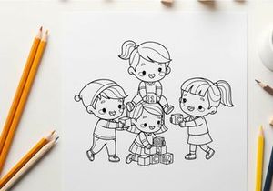 Children playing with alphabet blocks vector illustration