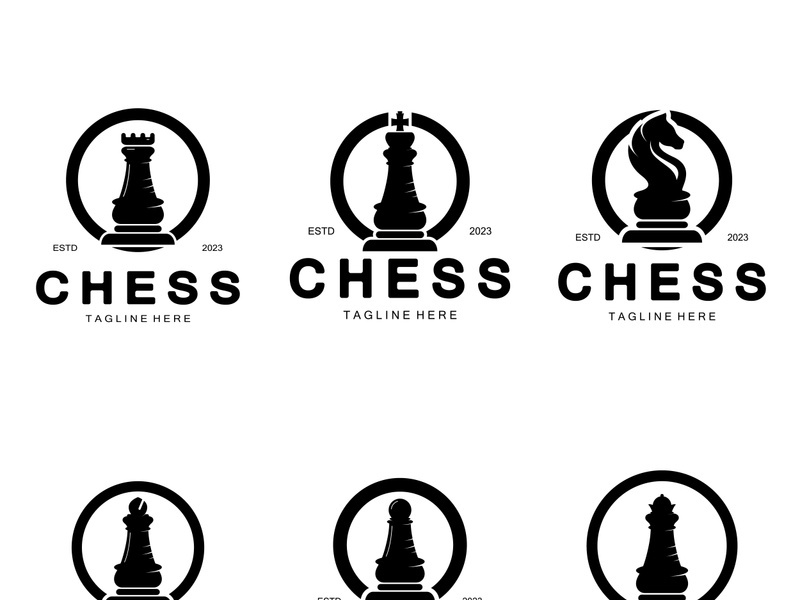 Chess strategy game logo with horse, king, pawn, minister and rook. Logo for chess tournament, chess team, chess championship, chess game application.