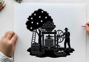 Vintage silhouette of a farmer operating an old fashioned fruit press