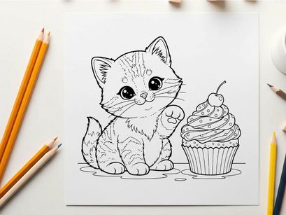 Cute kitten with cupcake vector illustration flat design