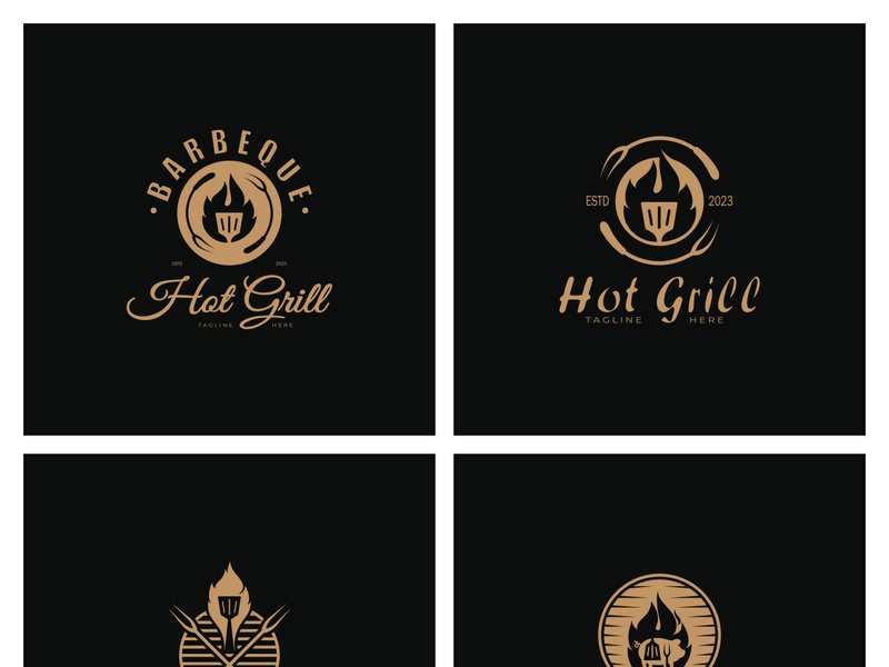 Simple Barbecue Vintage hot grill, with crossed flames and spatula. Logo for restaurant, badge, cafe and bar.vector