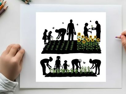 Family gardening silhouette with sunflowers and children helping