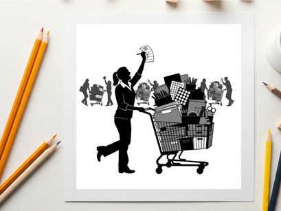 Silhouette of woman with shopping cart and money in hand