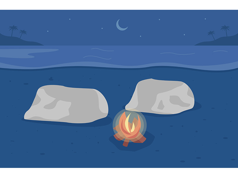 Beach bonfire flat color vector illustration