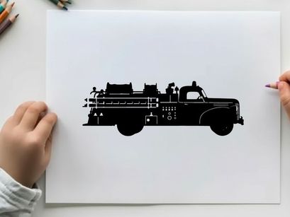 Silhouette of a vintage fire truck with equipment and crew