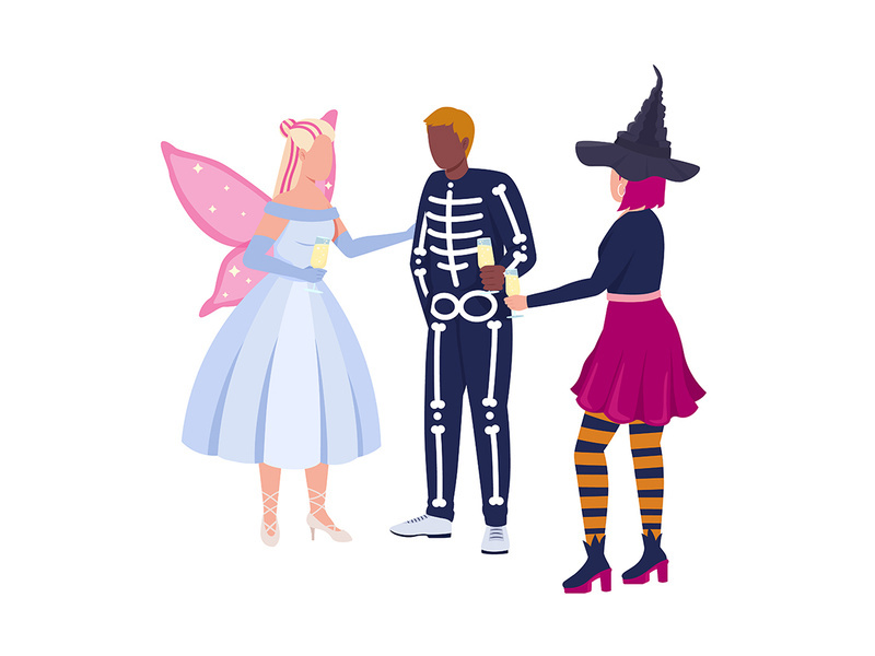 Friends with costumes celebrating Halloween semi flat color vector characters