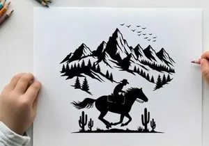 Cowboy riding horse silhouette in mountainous desert landscape