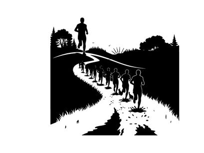 Silhouette of a lone runner leading a group on a path