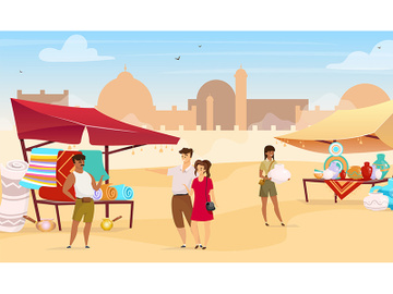 Tourists visiting egyptian bazaar flat color vector illustration preview picture