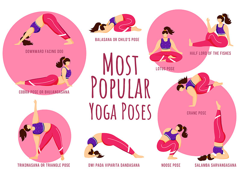 Popular yoga poses pink vector infographic template