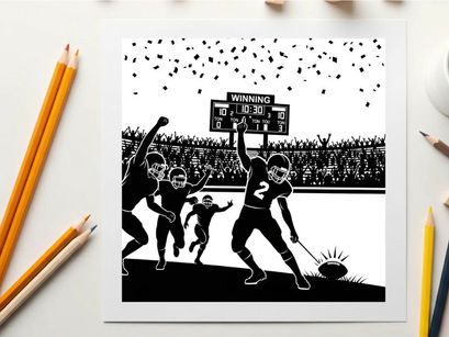 Silhouette of football players celebrating victory in a stadium with a scoreboard