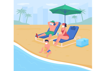 Beach vacation with new safety standards flat color vector illustration preview picture