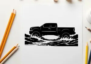 Silhouette of a pickup truck driving through water