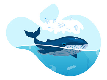 Whale in ocean with plastic waste flat concept icon preview picture