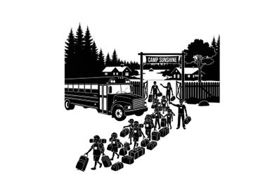 Silhouette of children arriving at camp sunshine with luggage preview picture