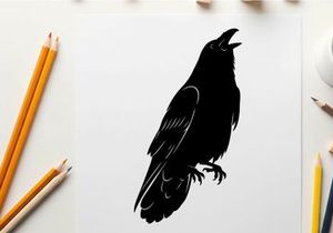 Silhouette of a crow or raven in mid call