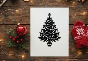 Ilustração de árvore de Natal em preto e branco com enfeites e estrela em fundo branco
