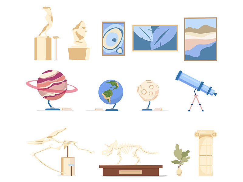 Museum exhibits flat color vector objects set