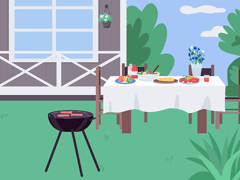 House yard BBQ flat color vector illustration